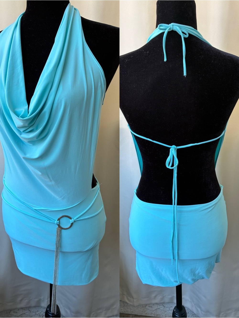 Vintage Y2K Backless Plunge Cowl Halter Faux Belt Stretch Mini Dress